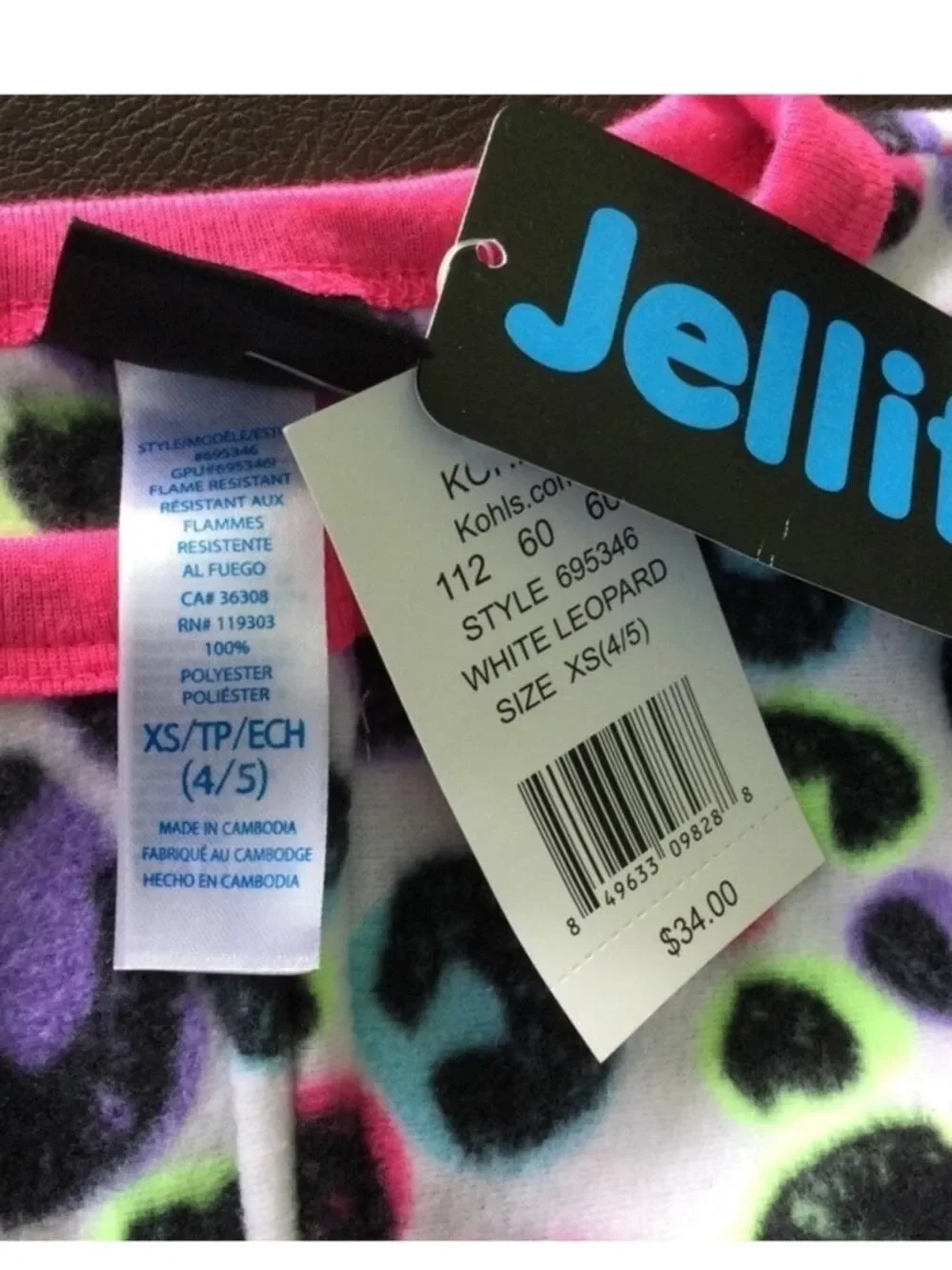Jellyfish kids one piece pajama Girls XS size 4-5 white leopard animal print